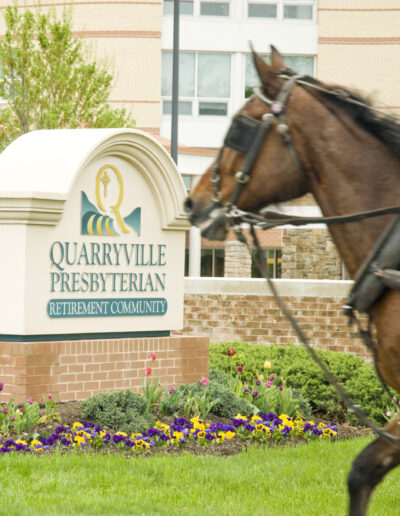 The Quarryville Presbyterian Retirement Community sign, surrounded by flowers, is being passed by a carriage horse.