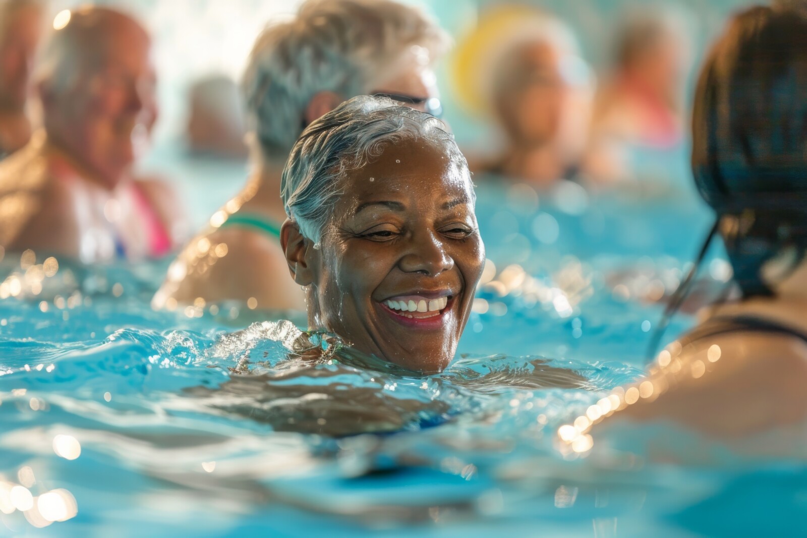 A senior woman with a bright smile leads a water aerobics class in an indoor pool. The class is diverse and filled with energy