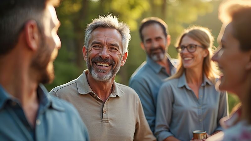 Retired people share community moments while talking and laughing outside, the golden hour highlights their smiles.